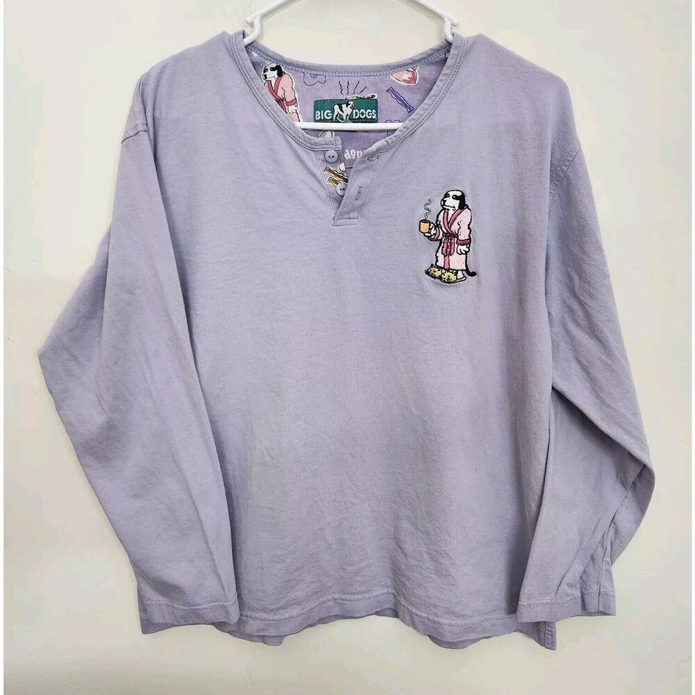 Vtg Big Dogs Henley Long Sleeve Pajama Top Womens L/XL Embroidered 1162